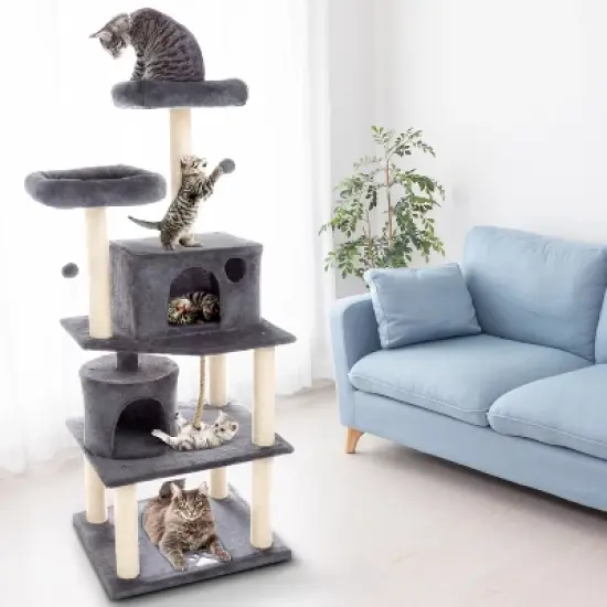5-Tier Ultimate Cat Tree - 8 Cat Scratching Posts, 2 Padded Perches, 2 Kitty Huts, and 3 Hanging Toys for Multiple Cats by PETMAKER (Dark Gray) image {3}