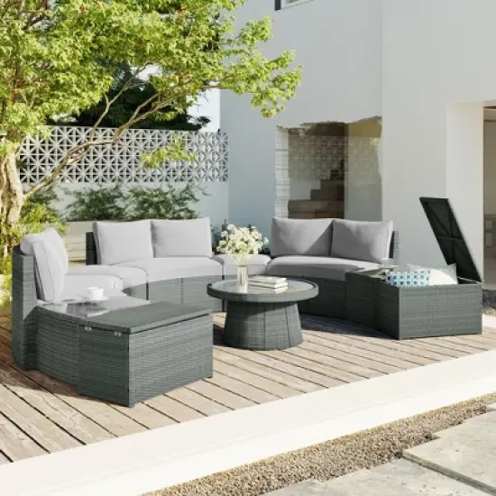 FIONECA 10-Piece Outdoor Sectional Half-Round Patio Rattan Sofa Set, Light Gray PE Wicker Conversation Furniture, Modular Combination image {1}