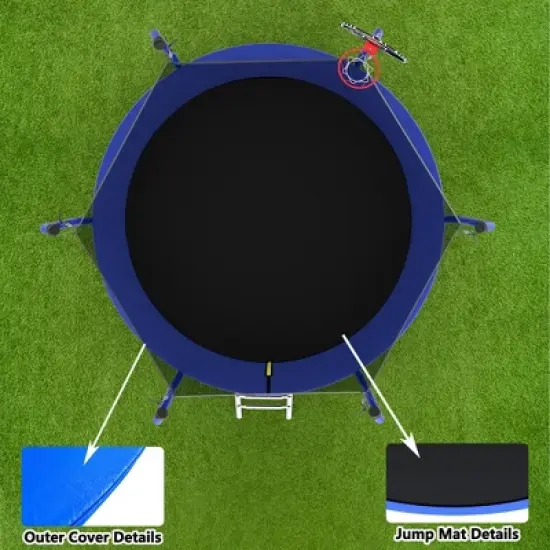 Whisen Kids&rsquo; Trampoline with Safety Enclosure Net, Foam Padded Poles, W-Shaped Legs,  Ladder and Basketball Hoop - Blue image {3}