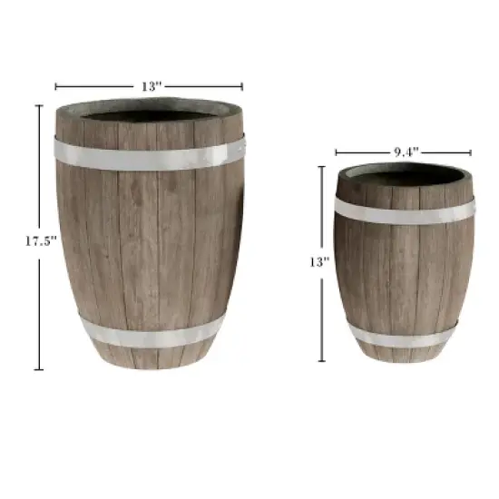 Fiber Clay Planters - 2-Piece Barrel-Shaped Pot Set with Metal Trim, Wood Look, and Drainage Holes for Herbs and Flowers by Pure Garden (Gray) image {1}