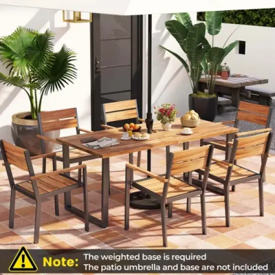 Costway 7 PCS Acacia Wood Patio Dining Set 6 Armchairs and 69" Table with 2" Umbrella Hole image {7}