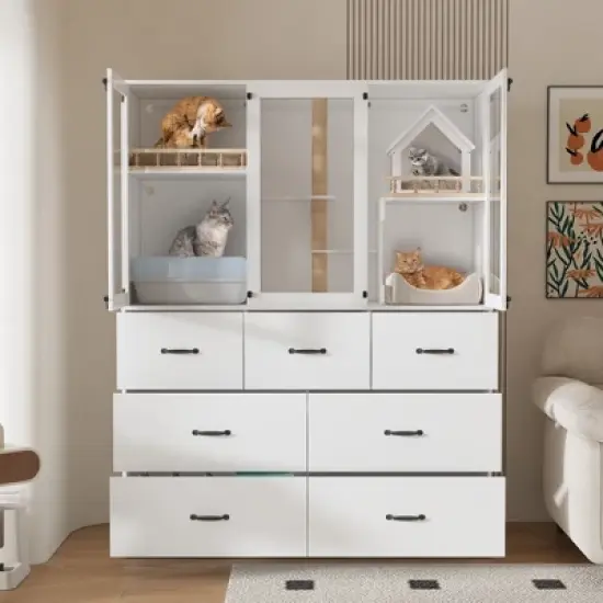FUFU&GAGA White Multifunctional Pet Furniture Cat Cabinet with Cat Climbing Shelf Design, Creating a Comfortable Paradise and Tidy Home for Cats image {6}