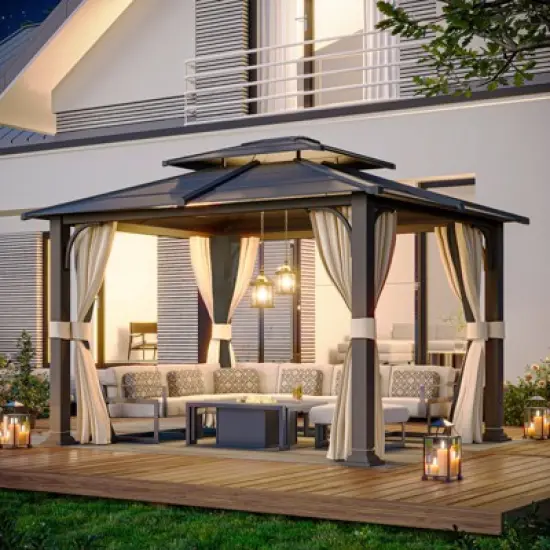 EROMMY 12 Ft. W x 10 Ft. D Hardtop Gazebo, Double layered Roof Gazebo, Black image {3}