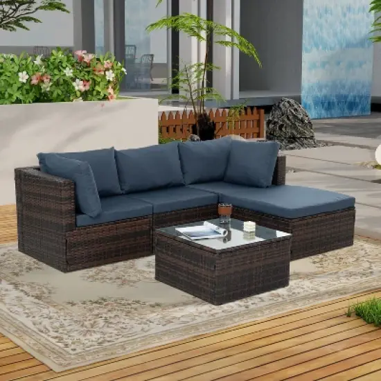 Patio Furniture, Outdoor Furniture, Seasonal PE Wicker Furniture, 5 Set Wicker Furniture With Tempered Glass Coffee Table image {4}