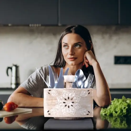 Mela Artisans Spinning Wooden Pen Holder with 4 Compartments White image {4}