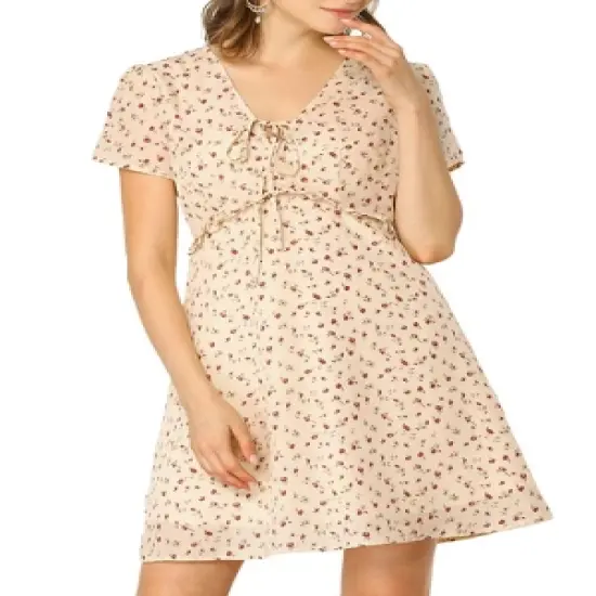 Allegra K Women's Floral Ruffle Trim Tie V Neck Shorts Sleeves Mini Dress image {11}