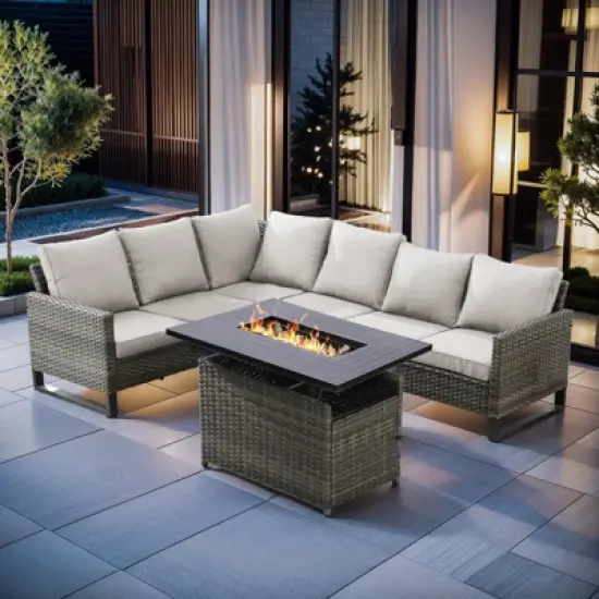 4 Pieces Outdoor Patio Furniture Set with 43" Fire Pit Table, Rattan Patio Sectional Sofa Conversation Set with Propane Fire Pit and Coffee Table image {10}