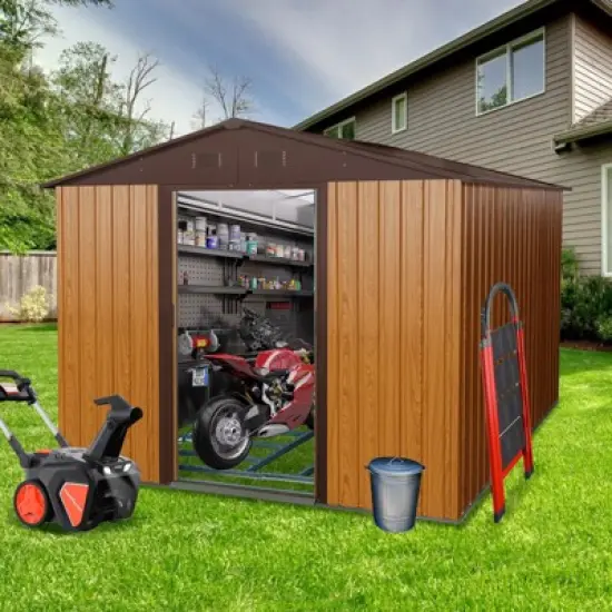 8ft x 10ft Outdoor Metal Storage Shed with Metal Foundation,Coffee image {11}