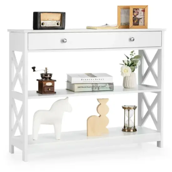 Costway 3-Tier Console Table X-Design Sofa Entryway Table with Drawer & Shelves Gray\ Espresso image {8}