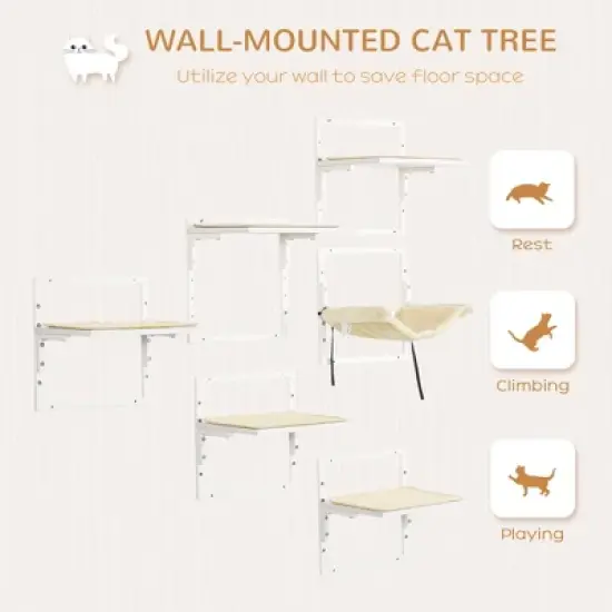 Multipet 6-pcs Modern Cat Wall Shelves for Indoor Cats, Height Adjustable Jumping Platforms & Cat Hammock image {2}