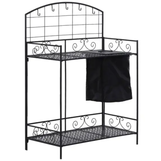 Outsunny Folding Potting Bench Table, Metal Garden Workstation, Work Bench with Large Build-In Bag with Cover, 5 Hanging Hooks & Storage Shelf image {8}