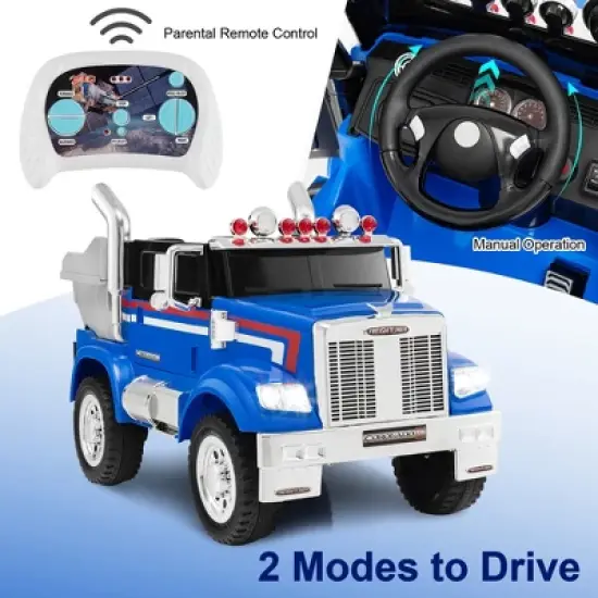 Costway 12V Licensed Freightliner Kids Ride On Truck Car RC w/ Dump Box & Lights Red\Blue image {7}