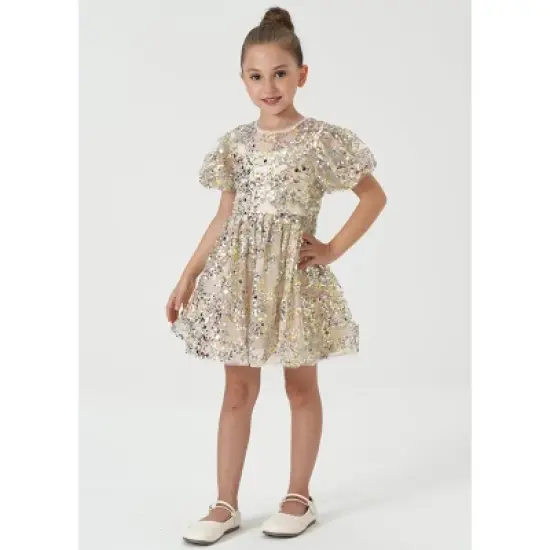 2Bunnies Christmas New Year Holiday Girl Gold Shimmer Sparkle Sequin Dress Puff Sleeve image {4}