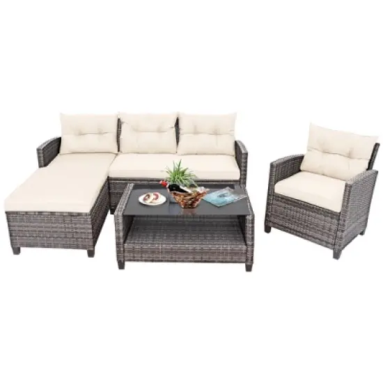 Costway 4PCS Patio Rattan Furniture Set Sofa Ottoman Cushion Garden Deck White/Gray image {1}