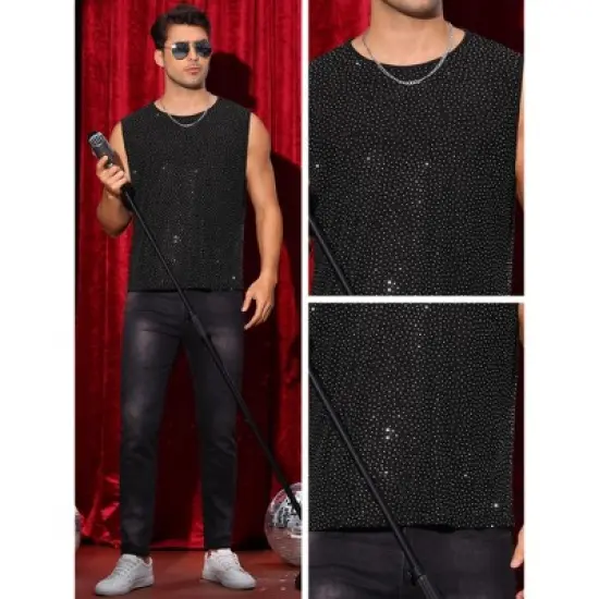 Lars Amadeus Men's Sleeveless Round Neck Metallic Party Glitter Tank Top image {3}