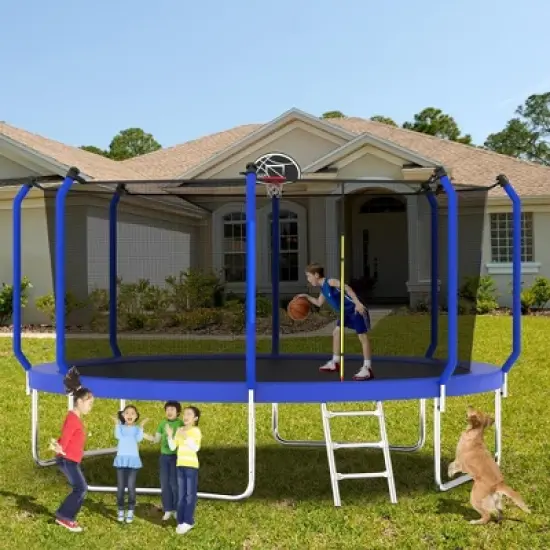 NAYSAYE Trampoline 14FT with Basketball Hoop and Safety Net for Outdoor Fun and Fitness, Blue, 168.11"*168.11"*107.87" image {1}