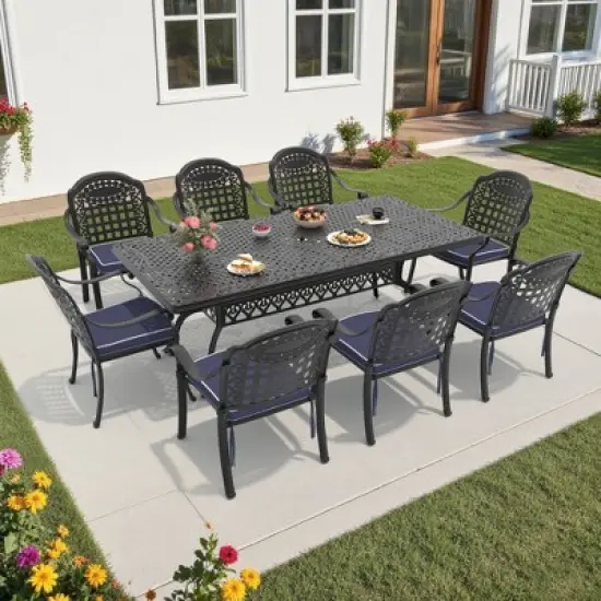 9-Piece Cast Aluminum Outdoor Dining Set: Rectangle Table, Stackable Chairs & Blue Cushions - All-Weather Patio Furniture for Your Backyard image {10}
