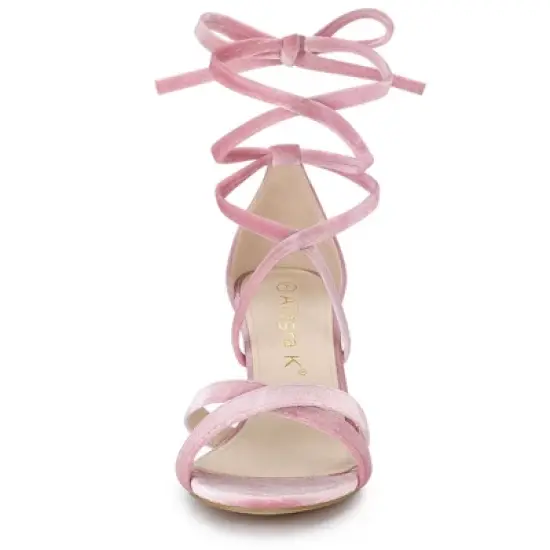 Allegra K Women's Velvet Lace Up Clear Heels Block Heel Sandals image {2}