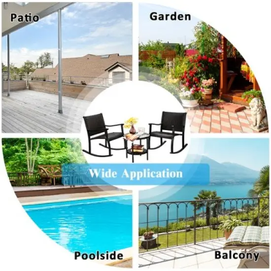 Costway 3PCS Patio Rattan Rocking Chair Bistro Set Coffee Table Storage Shelf image {4}