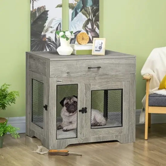 PawHut Dog Crate Furniture with Soft Water-Resistant Cushion, Dog Crate End Table with Drawer, Puppy Crate for Small Dogs Indoor with 2 Doors image {2}