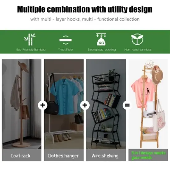 Artloge 3 Tier Free Standing Garment Organizer Natural Bamboo Coat Rack Corner Tall Garment Rack with 8 Hooks for Bedroom Living Room Entryway image {5}