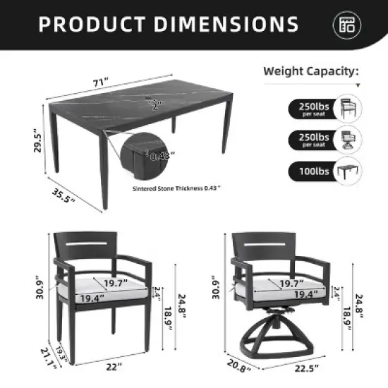7-Piece Outdoor Dining Set, Swivel Rockers and Stationary Chairs and Sintered Stone Top Table, Aluminum Chairs with Foam Cushions-Coolbibila image {3}
