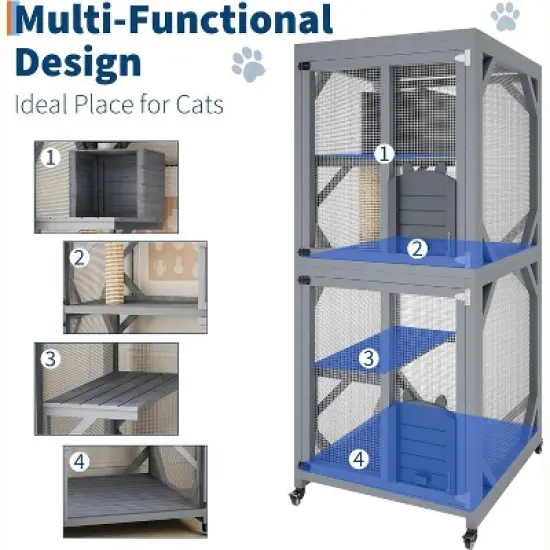 68'' Wooden Catio - 4-Tier Outdoor Cat Enclosure for Multiple Cats, Waterproof Shelter w/ 4 Platforms, 2 Sliding Doors & Scratching Post image {4}