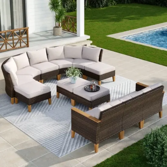 Captiva Designs 12pc Outdoor Wicker Rattan Patio Half-Moon Curved Sectional Sofa Set with Cushioned Ottoman image {12}