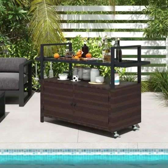 Costway Outdoor Bar Cart with Tempered Glass Top Storage Cabinet & 8 Hooks for Porch Brown/Gray image {4}