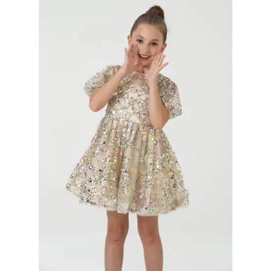 2Bunnies Christmas New Year Holiday Girl Gold Shimmer Sparkle Sequin Dress Puff Sleeve image {3}