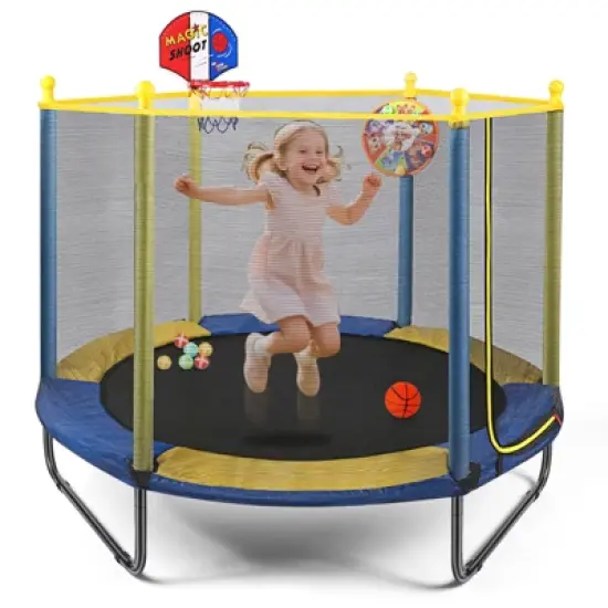 SUGIFT 60'' Kids Trampoline with Safety Enclosure Net, Basketball Hoop & Dartboard, Indoor Outdoor Toddler Trampoline image {10}