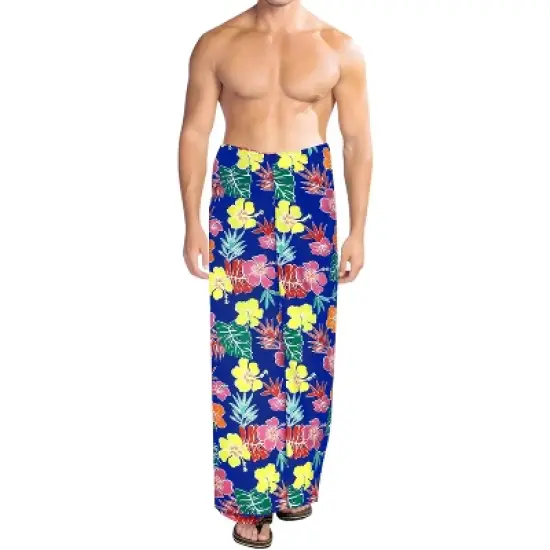 LA LEELA Men's Vacation Beachwear Lava Lava Sarongs Swimwear Cover Up Summer Long Holidays Wrap Vacation Pareo For Men One Size Blue, Floral image {1}