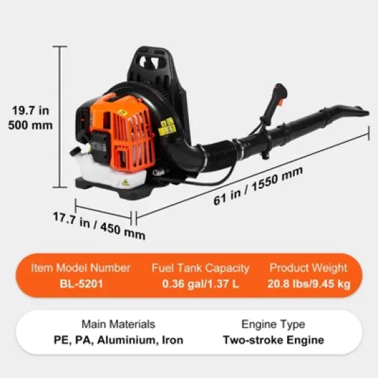 VEVOR Backpack Leaf Blower, 52CC 2-Cycle Leaf Blower with 1.37L Fuel Tank, 480CFM Air Volume 175MPH Speed, Ideal for Lawn Care image {7}