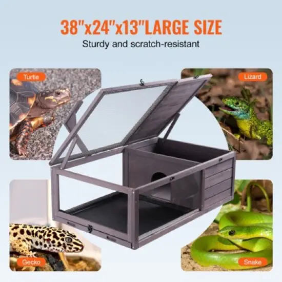 VEVOR Tortoise Habitat, Wooden Tortoise House Indoor & Outdoor, Tortoise Enclosure with Hanging Light Stand,2-Room Reptile Enclosure,38 x24 x13 inch image {6}