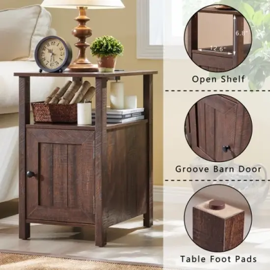 2 PCS Nightstand with Charging Station & Barn Door & Open Shelves，Farmhouse End Table for Bedroom, Living Room image {3}