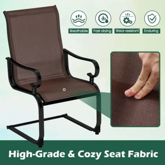 Costway Set of 2 Patio Chairs C-Spring Motion Chairs with Quick-drying & Breathable Fabric Brown/Gray image {5}
