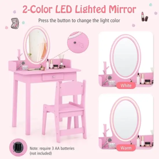 Costway Kids Vanity Set with Lighted Mirror Chair 2-Color LED Lighting for Girls Makeup White/Pink image {5}