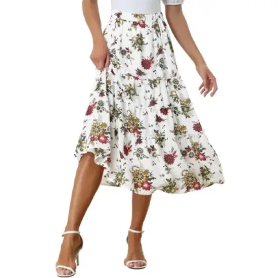 Allegra K Women's Floral Elastic Waist Tiered Ruffle Boho Midi Skirts image {16}