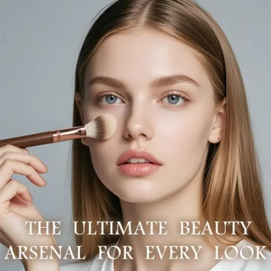 Makeup brush set, which includes foundation brushes, eyeshadow brushes and other types of makeup brushes. image {1}