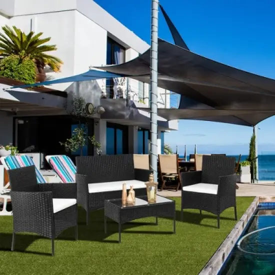 KTMBDW 4 Pieces Patio Set Outdoor Wicker Furniture Sets Modern Rattan Chair Conversation Sofa Sets with Glass Coffee Table for Yard and Bistro image {9}