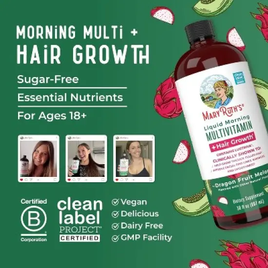 MaryRuth's Morning Multivitamin Liquid + Hair Growth, Dragonfruit Melon, 30 oz image {6}