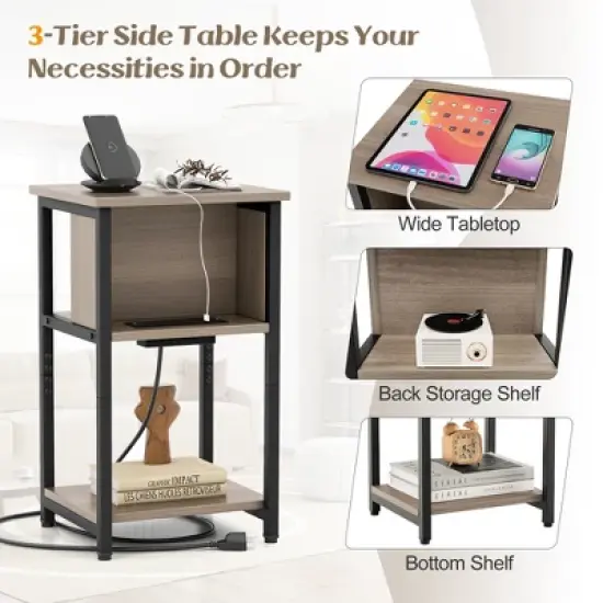 Costway 1/2 PCS Nightstand 3-Tier End Table with Charging Station USB Ports & Power Outlets Grey & Black image {6}