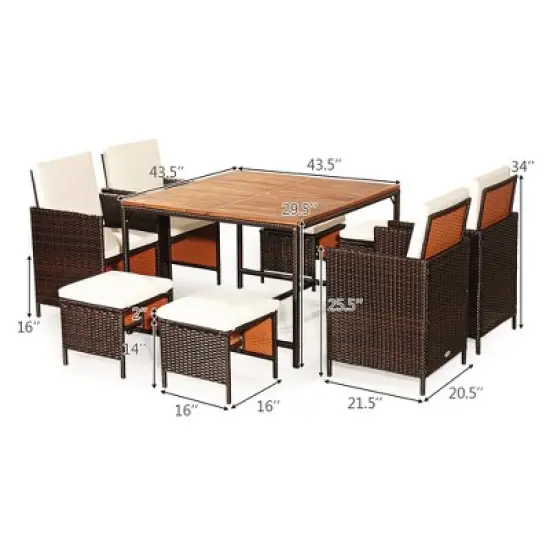Costway 9PCS  Acacia Wood Patio Rattan Dining Set Cushioned Chairs Ottoman image {3}