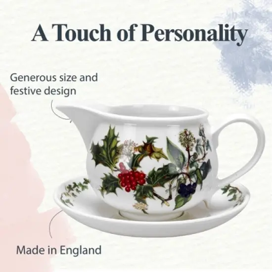 Portmeirion The Holly and The Ivy Gravy Boat & Stand - 33 Oz. Capacity, Elegant Earthenware Holiday Pitcher with Holly D&eacute;cor, Dishwasher Safe image {2}