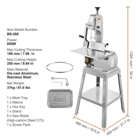 VEVOR Electric Meat Saw, 850W Stainless Vertical Cutter, 19.1"x15" Workbench, 7.09" Cutting Thickness, Includes 5 Blades image {7}