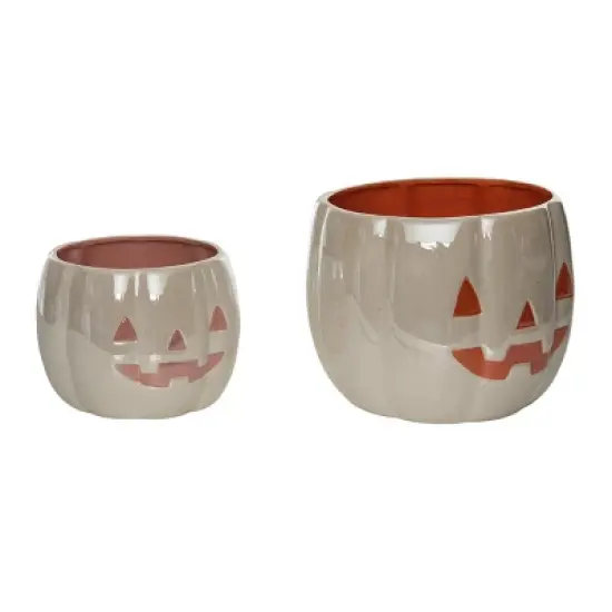 Transpac Dolomite 10.25 in White Halloween Iridescent Nesting Pumpkin Snack Bowls Set of 2 Decorative Bowls image {1}