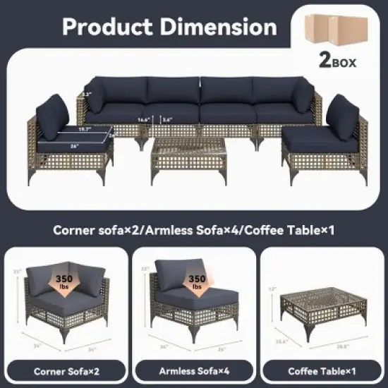 Cesicia 7-Piece Gray Sofa Set, Garden Patio Wicker Sectional Sofa Set with Coffee Table for Backyard, Balcony image {8}