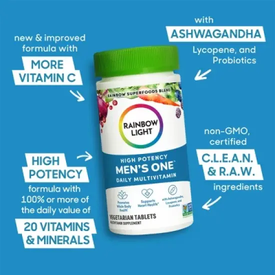 Rainbow Light Mens One High Potency Multivitamin, Promotes Whole Body Health, Supports Heart Health, Vegetarian, Gluten Free, Non-GMO,120 Tablets* image {1}