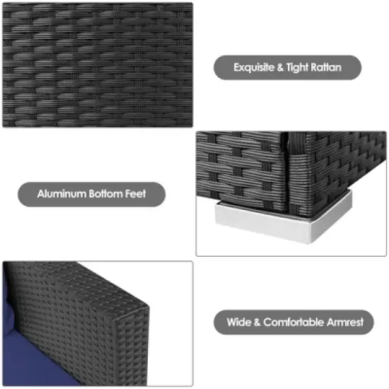 Tangkula 3PCS Rattan Patio Conversation Furniture Set Outdoor w/ Navy Cushions image {6}