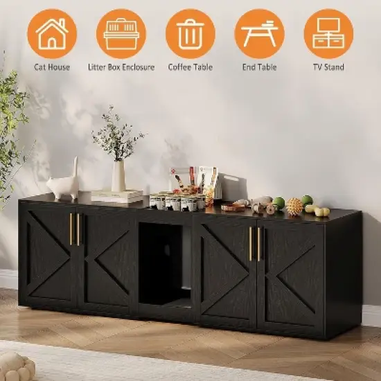 Cat Litter Box Enclosure for 2 Cats,  Wooden Litter Box Cabinet, Large Enclosed Cat Box Furniture with Storage Shelf, Soft Cushion image {2}